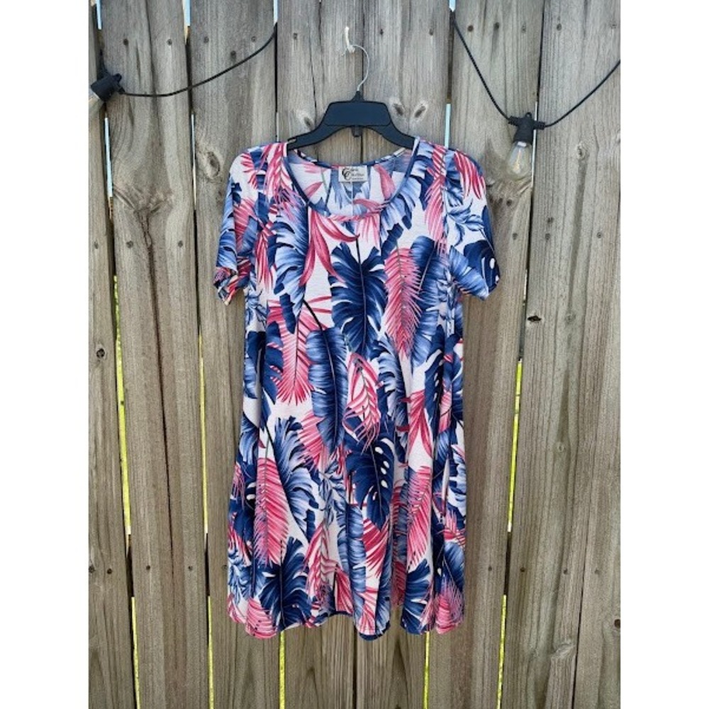 Carole Christian Tropical Leaf Print Mini Dress Pink Blue‎ Short Sleeve Summer